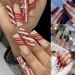 False Nails 24pcs Christmas Fake Long Coffin Ballerina Snowflake French Glitter Full Cover Press On DIY Manicure Nail Tips