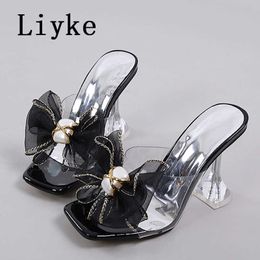 Big Size 45 46 Clear Heels For Women Slippers Black Mesh Bowknot Summer PVC Transparent Sandals Shoes Ladies Dress Pumps 0129