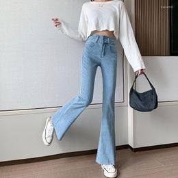 Women's Jeans Korean Fashion Jean Elegant Bottom Pants Vintage Burrs High Waist Flared For Women Two Button Denim Trousers Female 2023