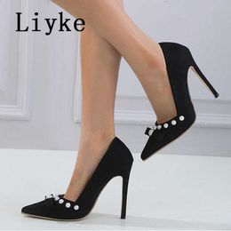 2023 New Spring 11.5CM Black High Heels Women Pumps Fashion Pearl Design Pointed Toe Stiletto Shoes Escarpins Femme Talon 0129