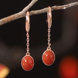 Stud Earrings ES362 ZFSILVER S925 Silver Korean Fashion Luxury Trendy South Red Agate Dangle Lucky Egg Oval Jewellery Women Match-all