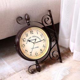 Wall Clocks Brown Vintage Double Sided Iron Metal Glass Frame Clock Station Hanging Garden Decoration WJ10