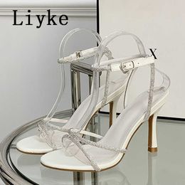 White Sandals For Women Summer Fashion Crystal Narrow Band Open Toe Thin High Heels Shoes Ladies Dress Pumps Sandalias 0129