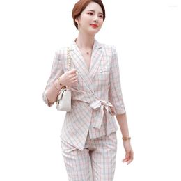 Women's Two Piece Pants Women Pink Apricot Gray Plaid Half Sleeve Blazer And Pant Suit With Bow Fashion Spring Summer Formal Business Work