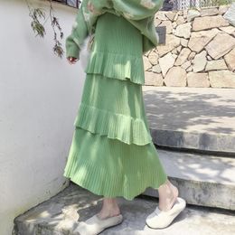 Skirts Qiukichonson Knitted Autumn Winter Long Skirt Women 2023 Korean Fashion Ruffles High Waist Cute Ladies Layer Midi Length