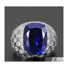 With Side Stones Highend Exquisite Trendy Mens Open Fat Rectangar Sapphire Ring Fl Of Diamonds Inlaid Zircon Simation Dark Blue Tanz Dhiok