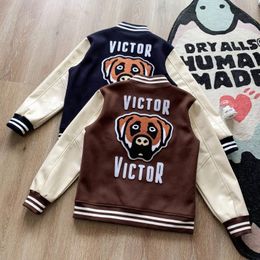 Men's Jackets Human Made Victor couple autumn winter Dog American vintage leather sleeve Baseball Jacket jacket 230130