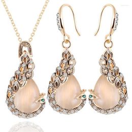 Necklace Earrings Set Luxury Austrian Crystal Circle Opal Peacock Peacocks Drop For Women Gift