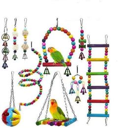 Other Bird Supplies Cage Toys For Parrots Reliable Chewable Swing Hanging Chewing Bite Bridge Wooden Beads Ball Bell 230130