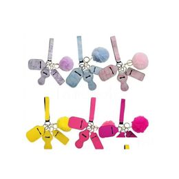 Party Favour 11 Colours 5Pcs Defence Keychain Set Pompom Hand Sanitizer Wrist Strap Lipstick Keychains Sier Keyring For Woman Men Self Dhzdw