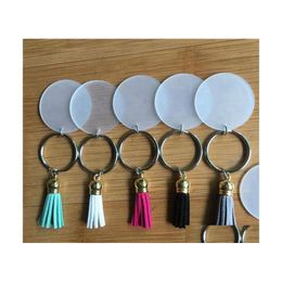 Party Favor Blank Disc Tassel Keyring 6.5Cm Acrylic Clear Circle Discs Keychain Set Round Leather Tassels Pendant Jump Rings For Diy Dhxhk