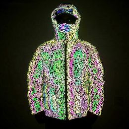 Giacche da uomo Linea Hip Hop Riflettente Uomo con cappuccio Parka spesso Giacca a vento Fluorescente Streetwear Cappotto caldo Harajuku Outwear 230130