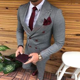 Men's Suits 2023 Tweed Double Breasted Men Suit Grey Slim Fit Fashion Wedding For Prom Blazer Groom Tuxedo Jacket With Pants
