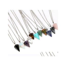 Party Favor Natural Gemstone Pendant Necklace Crystal Healing Chakra Reiki Sier Stone Hexagonal Prisme Cone Pendum Charm Necklaces D Dh0Pn