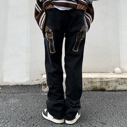 Men's Jeans Male Korean Style Embroidery Cowboy Men's HIP HOP Y2K Streetwear Vintage Black High Waist Straight Trousers Pants Man