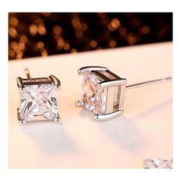 Stud Fashion Sier Color Classic Four Claw With White Zircon Crystal Earrings For Women Girl Simple Round Jewelry Gift Drop Delivery Dh6Kb