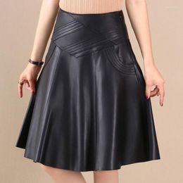 Skirts S-4XL On Sale 2023 Spring Summer Women Leather Pleated A Line Casual Solid Korean Elastic High Waist Double Pockets Black