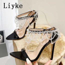 Summer Black Silver Thin High Heels Sexy String Bead Design Slip-On Ankle Strap Women Wedding Sandals Pointed to Shoes 0129