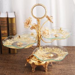 Plates Flower Shaped Multi-layer Luxury Metal Glass Fruit Cake Dessert Tray Stand Rack With Handle Party Wedding Decoration Set