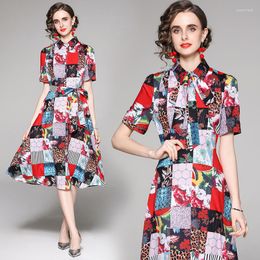 Casual Dresses Summer Vintage Floral Print Collar Bow Tie Neck Short Sleeve Empire Waist Women Ladies Party A-Line Knee Length Dress