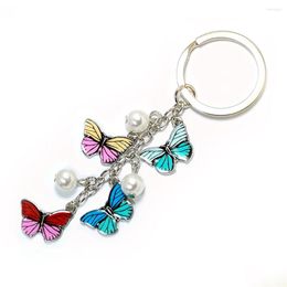 Keychains Fashion Colorful Dropping Oil Butterfly Pearl Key Chain Creative Bag Ornament Decoration Insects Car Keyring Accessories Gifts