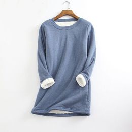 Women's TShirt Autumn Winter Velvet Warm Top Thick Fleece Sweatershirts Casual Loose Long Sleeve Solid Colour Oneck Pullover Shirts 230130