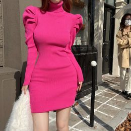 Casual Dresses Winter Knitted Solid Sweater Dres Fashion Turtleneck Slim Full Puff Sleeve Sheath Base Mini Sweaters 230130