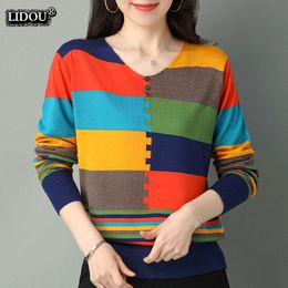 Women's T-Shirt Puzzle Patchwork Print V-neck Long Sleeved Fashion Spring Autumn T-shirts Skinny Causal Top All-match Cotton Women's Clothing 230130