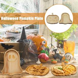 Plates 1pc Halloween Pumpkin Plate Wood Tableware Tray Bowl For Party Dessert Cake Decoration Home Dishes Supplies A2Z4