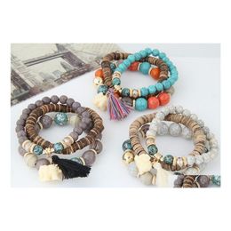 Charm Bracelets Wooden Beads Boho Elephant Tassel Bangles Set Drop Delivery Jewellery Dhlkp