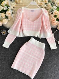 Two Piece Dress Korean Sweet Knit Plaid Cardigans Camisole Skirts 3pcs Sets Girls Short Sweater Coat Vest Mini Skirt Suits Women Outfits 230130