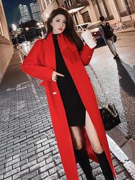 Women's Trench Coats Big Red Woollen Coat For Women Medium Long Festive Wedding Korean Version Waist Closing Winter