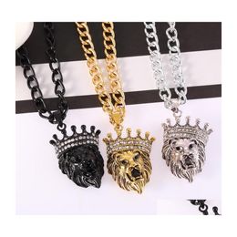 Pendant Necklaces Lion Head Crown Necklace Hip Hop Jewelry Mens Drop Delivery Pendants Dhmzn