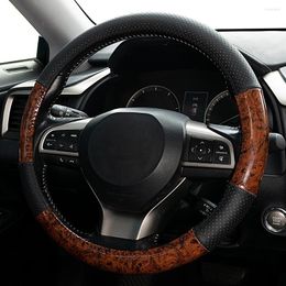 Steering Wheel Covers Car Cover Wood Grain Black Leather For Universal 14 1/2-15 Inch Breathable Anti-Slip Auto Interior Accessories