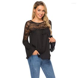 Women's Blouses Lace Patchwork Shirt Women Casual Bell Sleeve Tops Blouse Solid Colour Large Size Ladies Loose Shirts Female Blusas /PT