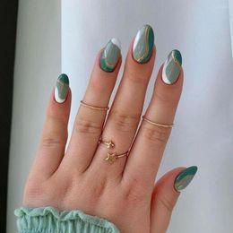False Nails 24Pcs Short Oval Fake French Ballerina Green Gold Lines Style Full Cover DIY Detachable Press On