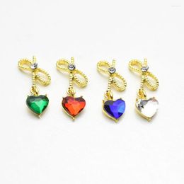 Nail Art Decorations 10Pcs Gold Bowknot Red Green 3D With Rhinestone Crystal Pendant Heart Charms Nails Accessories DIY Manicure