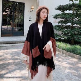 Scarves Korean Fashion Double-Pocket Fringed Scarf Ladies Autumn Winter Lengthen And Thicken Color Matching Warm Dual-Use Shawl Tide
