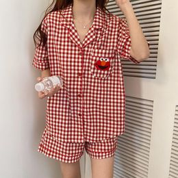 Women's Sleepwear Cute Cartoon Plaid Homewear Mujer Lapel Summer Sleeping Tops Shorts Pijama Elegant Girl Lovely Outerwear Clothes S1008