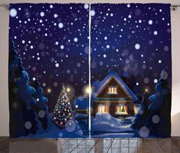 Curtain Christmas Curtains Winter Night Country Landscape With Little House Among Pine Trees And Snow Living Room Bedroom Window Drapes