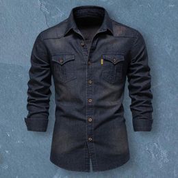 Men's Casual Shirts Top Trendy Flap Pocket Buttons Denim Shirt Male Jeans Slim Fit For Party