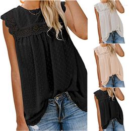 Women's T Shirts Solid Sleeveless Women T-Shirt O-Neck Patchwork Lace Hollow Out Crochet Pom Casual High Street Quality Vest Lady T-shirts