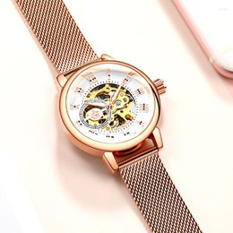 Wristwatches 2023 Skeleton Design Waterproof Automatic Mechanical Stainless Steel Mesh Strap Rose Gold Wrist Watch For Women