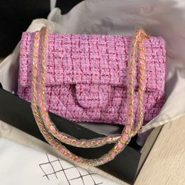 Classic Women Pink Purple Tweed Designer Bags Luxury Multi Pochette Handbags Gold Hardware Metal Texture Chain Shoulder Jumbo Quilted Flap Crossbody Pouch 25CM