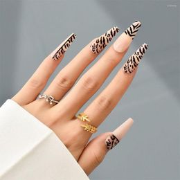 False Nails 24pcs/Box Long Ballerina Press On French Striped Leopard Print Pattern Fake Nail Tips Full Cover Manicure