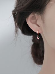 Hoop Earrings 925 Sterling Silver Cherry Ear Buckle Cute Pink Crystal Sweet Women Girl Student Fruit Huggie