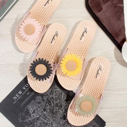 Slippers Women Summer Sunflower Grass-like Rattan Transparent Word Sandals Flat Shoes Bathroom Non-slip Beach