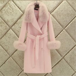 Women's Wool Blends Fashion Women Woollen Coat Winter Slim Solid Pocket Double-Breasted Big Fur Collar Thick Warm Woollen Coat Female Outwear 230130