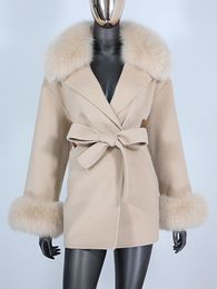 Women's Wool Blends Real Fur Coat Winter Jacket Women Natural Fur Collar Cuffs Belt Cashmere Wool Woollen Ladies Outerwear Streetwear 230130