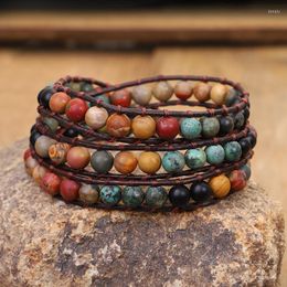 Charm Bracelets Handmade Jewelry Vintage Leather Women Matte Stone 3 Strands Wrap Woven Multilayer Boho Bracelet Dropship